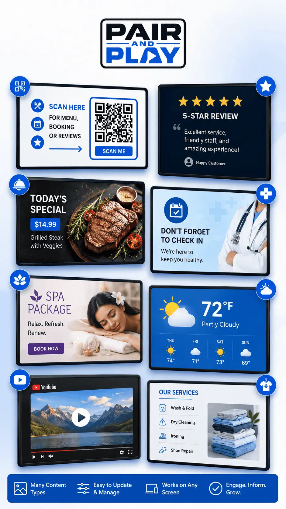 Business screen content examples across several customer-facing environments
