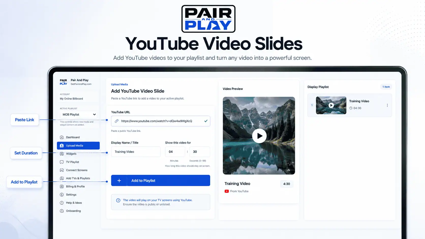 YouTube video content shown on a business television