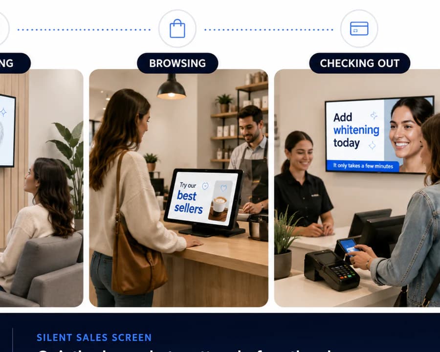 Three customer moments showing Silent Sales Screens while people wait, browse, and check out