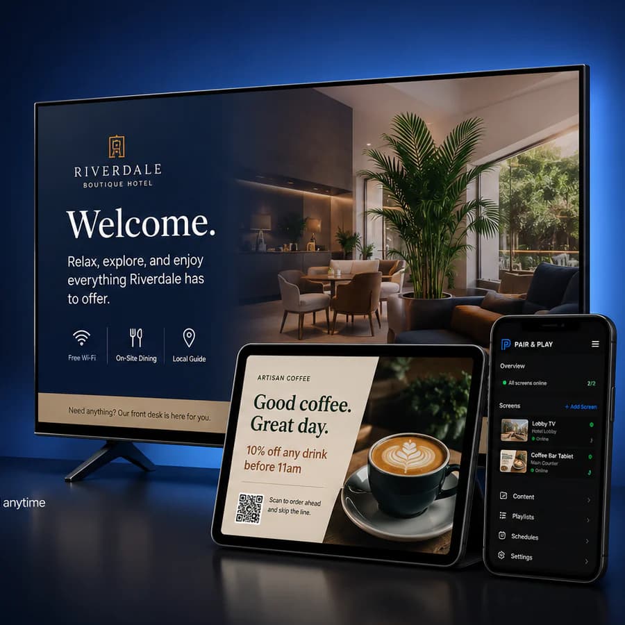A TV, tablet, and phone showing Silent Sales Screens for different businesses