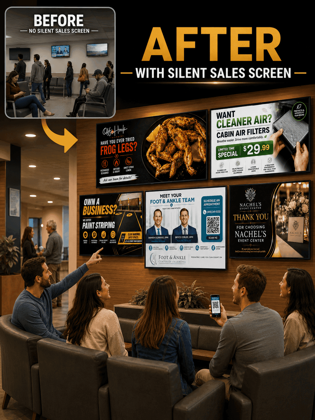 Before and after example of Pair and Play SILENT SALES SCREEN displays engaging customers in a business waiting area
