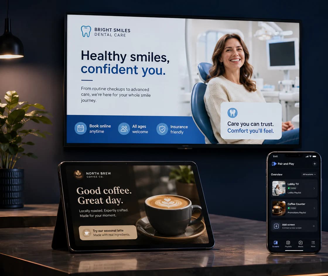 A TV, tablet, and phone showing Silent Sales Screen content and mobile management