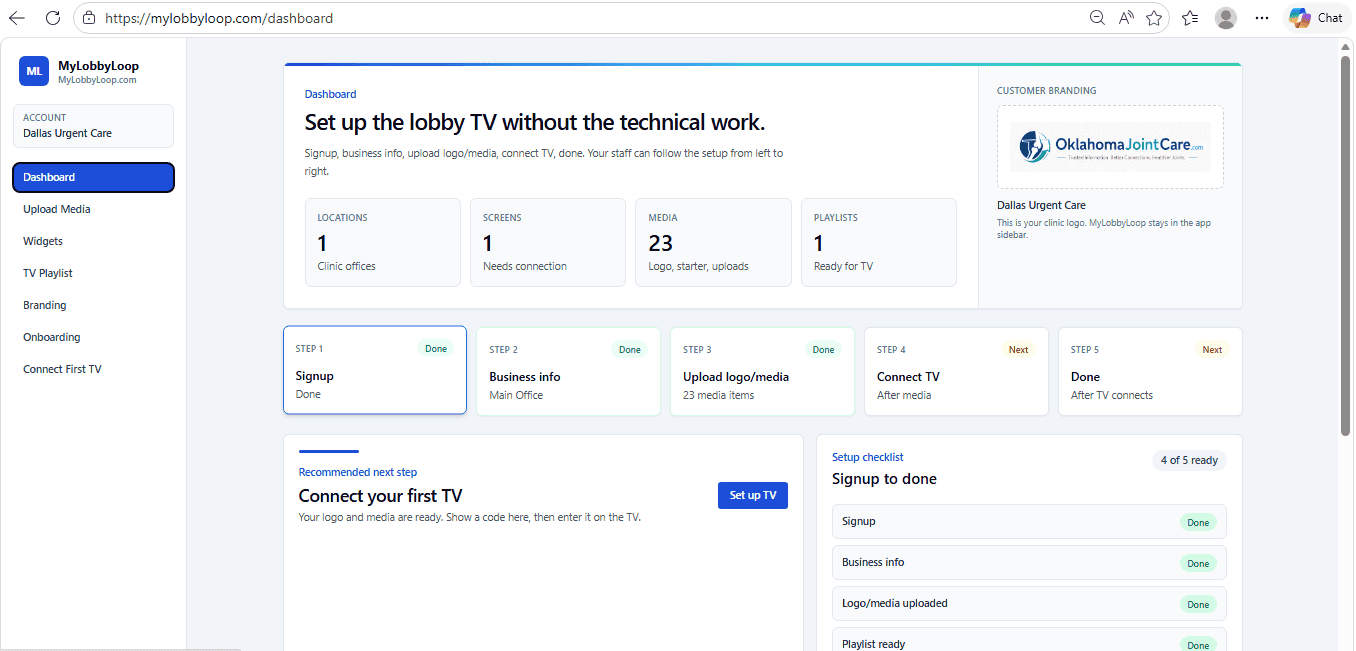 Authentic browser dashboard workspace showing locations, screens, media, playlists, and setup controls