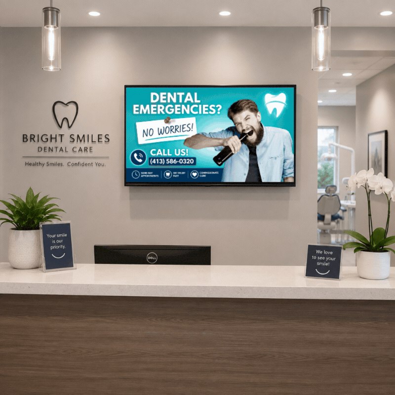 Animated Pair and Play SILENT SALES SCREEN displays shown in dental-office television mockups